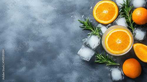 Refreshing orange drink with rosemary, ice. Drinks recipe background