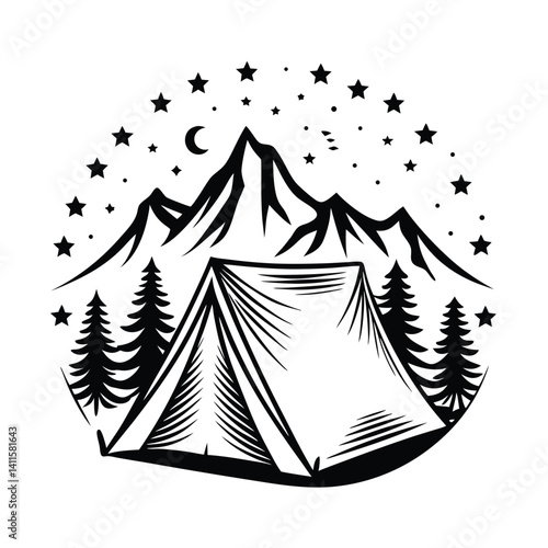Black Silhouette Tent Camping at Mountain Peaks Under Starry Night Art