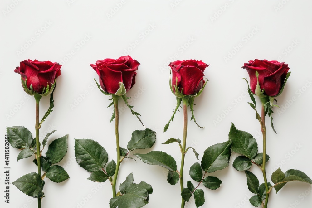 Obraz premium Elegant red roses arranged in a line with lush green leaves, capturing a moment of natural beauty against a light backdrop isolated on transparent background