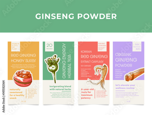 Ginseng product labels featuring various forms like powder, capsules, and herbal tea for health and wellness