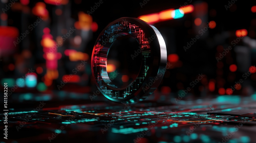 Floating holographic ring over a futuristic cityscape Floating holographic ring over a futuristic cityscape