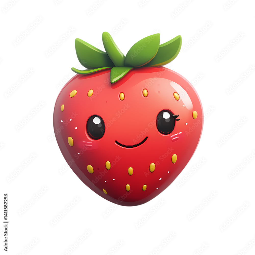 Obraz premium Cute cartoon strawberry character with a smiling face, vibrant colors, and playful design