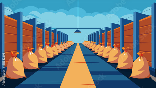 Rows of empty grain sacks line the walls of the warehouse mirroring the empty stomachs of the hungry people.. Vector illustration