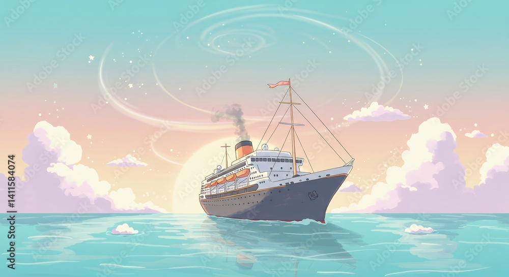 Obraz premium Ocean Liner at Sunset: A Serene Pastel Illustration