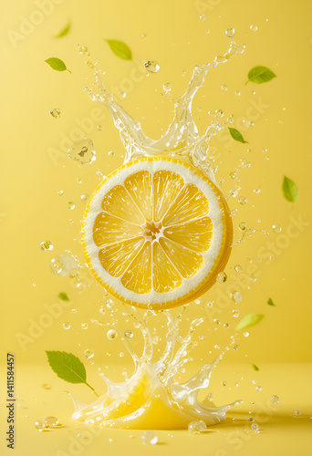 Half-cut lemon pops juice and floats in the air in the middle of a yellow soft, clean background