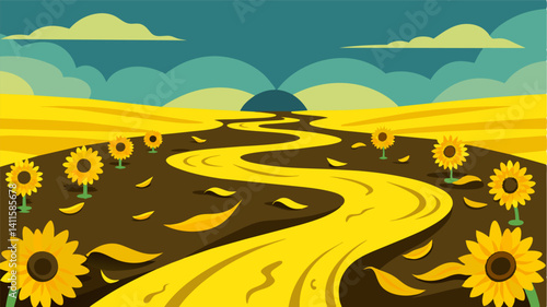 Streaks of muddy water creep through the rows of sunflowers drowning their bright yellow petals and leaving behind an eerie desolate scene.. Vector illustration