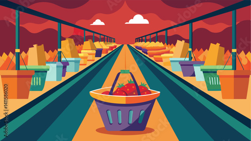 The emptiness of the food baskets in the market serves as a visual representation of the emptiness felt in the stomachs of those affected by the food shortages.. Vector illustration