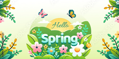Hello Spring card or horizontal poster for spring holidays with flowers, butterflies and sunshine. Hand drawn Floral art template for Easter, birthday or Mothers Day decor