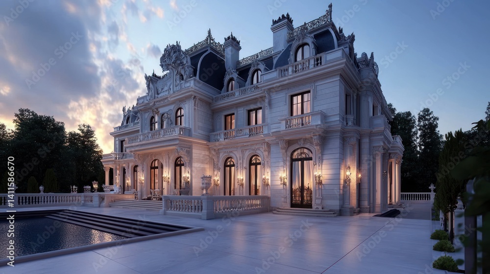 Obraz premium Luxurious French Chateau Estate at Sunset