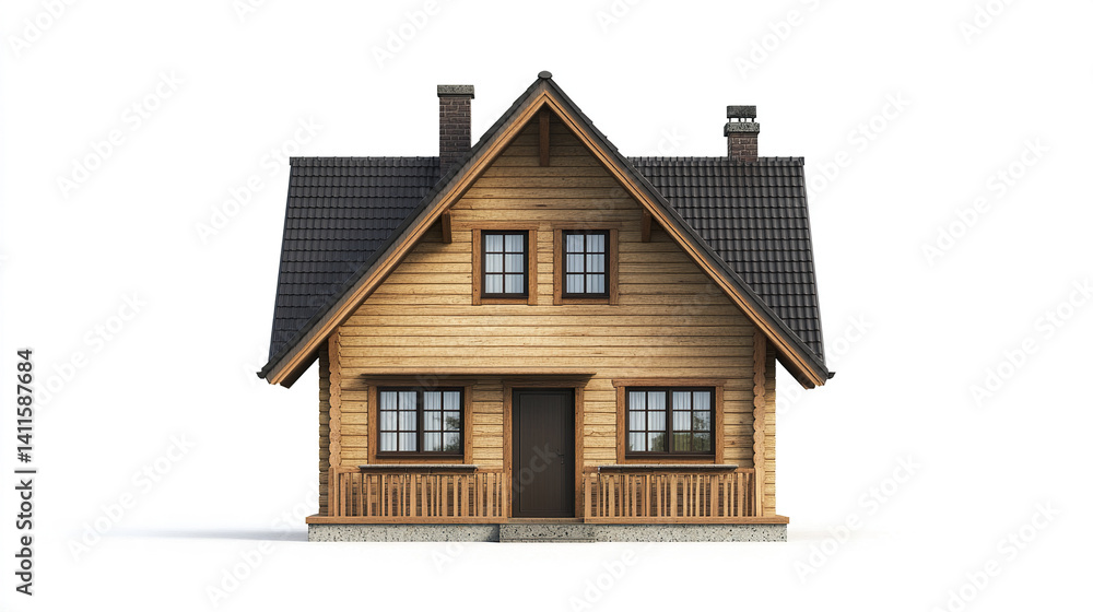 Wooden house with gabled roof and chimney, designed for cozy living Wooden house with gabled roof and chimney, designed for cozy living