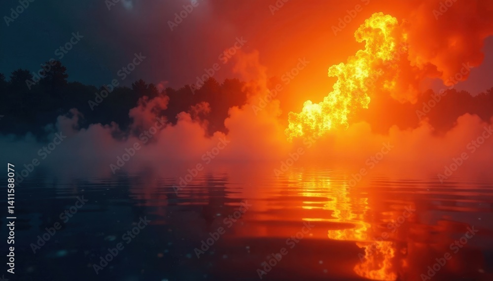 Naklejka premium Illuminated orange canvas, fire's reflection in misty water , water, photography