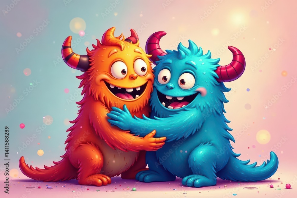 Fototapeta premium Cartoon monsters hug, colorful halftone, playful , design, whimsical