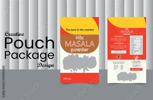 Colorful spice packaging design for mix masala powder. Includes front and back views with nutrition facts, ingredients, and eco-friendly messages. Ideal for food branding and packaging mockups.