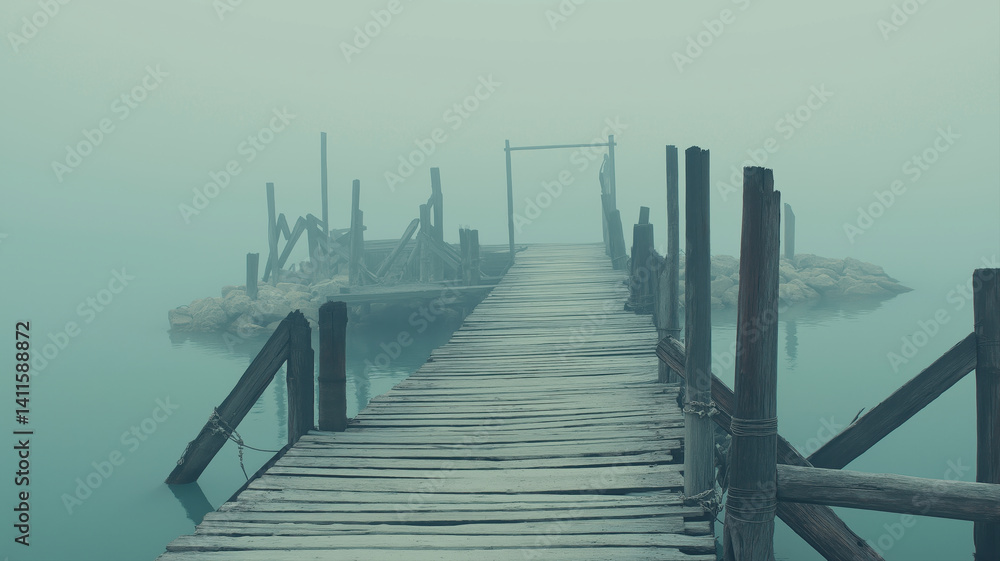 Fototapeta premium Rustic wooden pier stretching out into the sea, moody tones. 