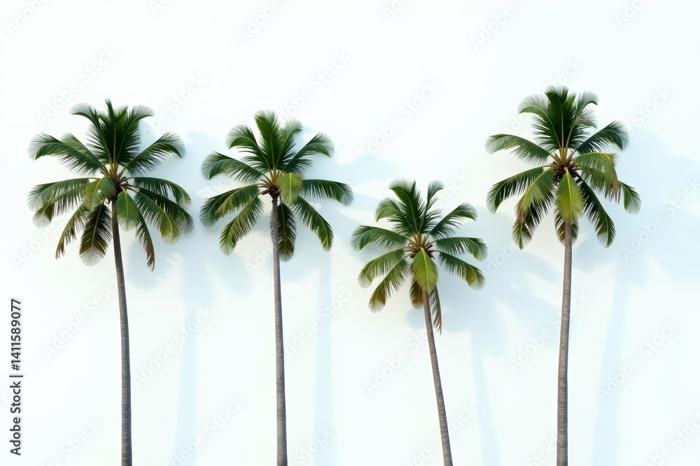 Obraz premium Minimalist composition of four coconut palm trees against white background, isolated, simple, scenery