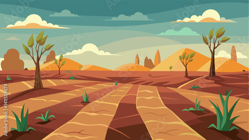 The fields that were once filled with rows of fruitful crops now lay barren and desolate. The lack of food production a direct result of the destruction and displacement caused by. Vector illustration