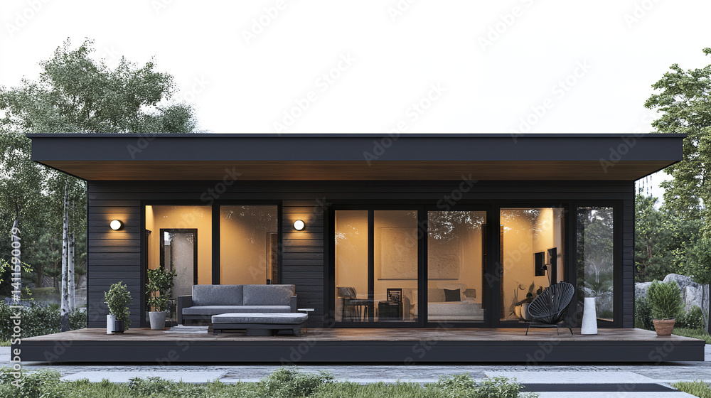 Obraz premium Modern black house with large windows and cozy patio area
