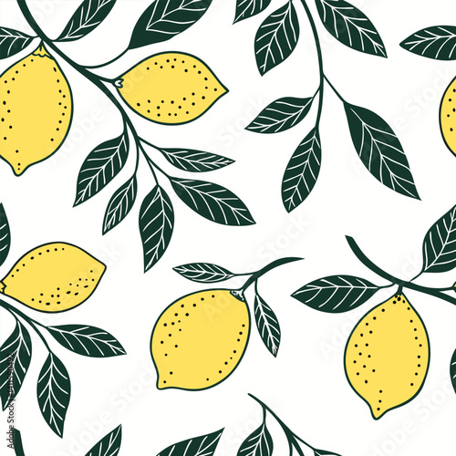 Bezszwowy wzór z cytrynami i liśćmi na białym tle – elegancki motyw botaniczny w stylu lineart, idealny do tkanin, tapet i opakowań