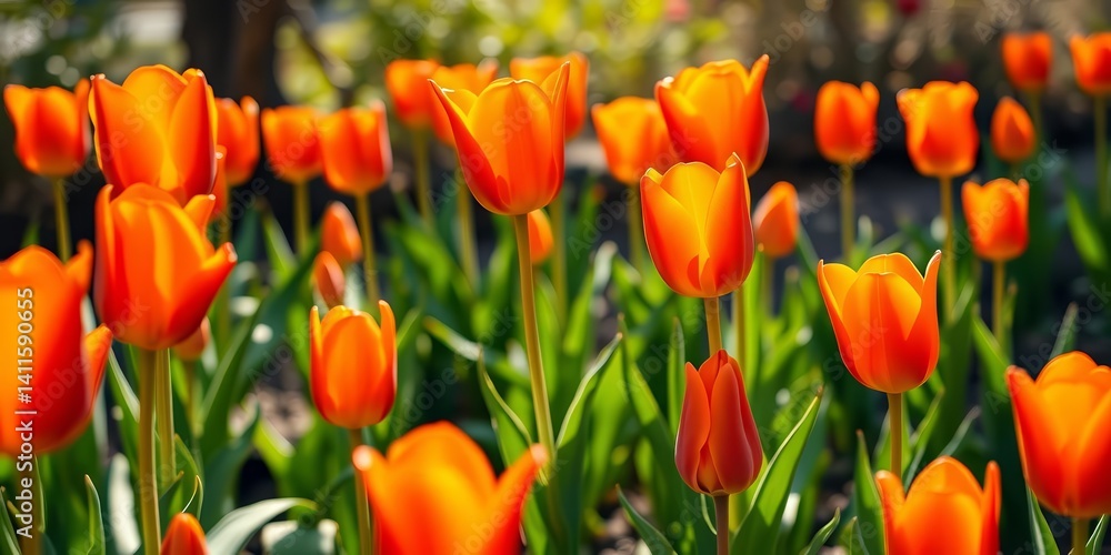 Vibrant orange tulips basking in sunlight, a spring garden scene, garden, beauty Vibrant orange tulips basking in sunlight, a spring garden scene, garden, beauty
