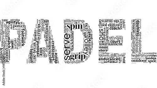 Dynamic word cloud centered on "Padel," featuring popular terms from this fast-growing racket sport. Ideal for sports, fitness, and active lifestyle-themed visuals