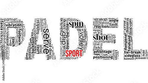 Dynamic word cloud centered on "Padel," featuring popular terms from this fast-growing racket sport. Ideal for sports, fitness, and active lifestyle-themed visuals