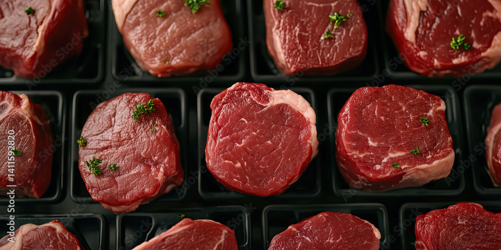 Fresh raw beef steaks arranged in butcher shop display, garnished with parsley Fresh raw beef steaks arranged in butcher shop display, garnished with parsley