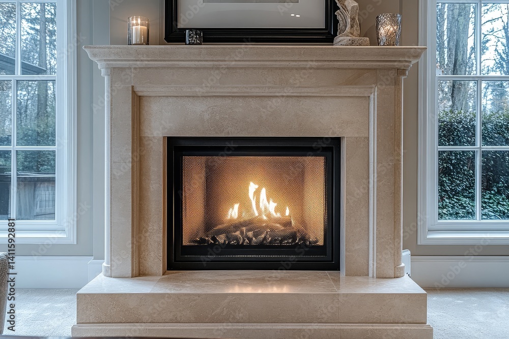 Elegant modern living room with black steel fireplace, white trim, flickering flames, and light beige marble stone panels. Simple framed artwork adds sophistication. Elegant modern living room with black steel fireplace, white trim, flickering flames, and light beige marble stone panels. Simple framed artwork adds sophistication.