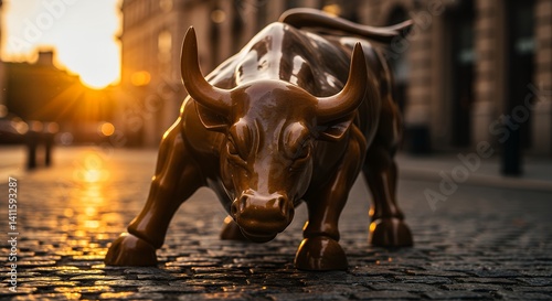 Bronze Bull Statue: Majestic Sunset Street Scene