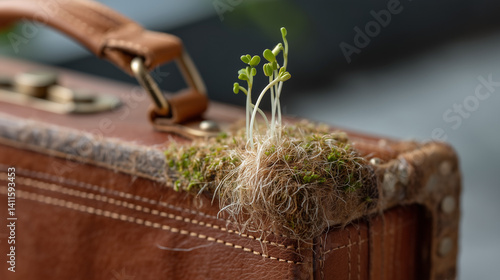 Revival's Journey: A resilient sprout breaks through the old suitcase, symbolizing fresh start and growth