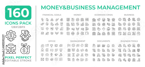 Money and business management line icons set collection. Corporate financial transactions control mega pack of linear pictograms, pixel perfect. Isolated vector illustrations. Editable stroke