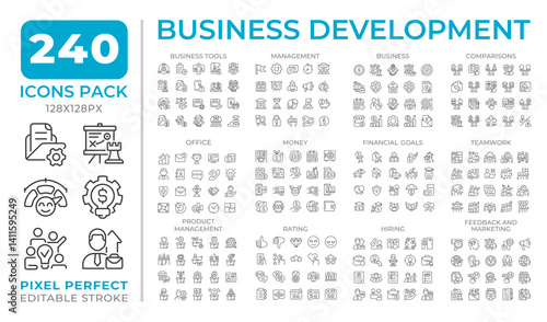Business development line icons set collection. Strategy of corporate growth. Commercial planning mega pack of linear pictograms, pixel perfect. Isolated vector illustrations. Editable stroke