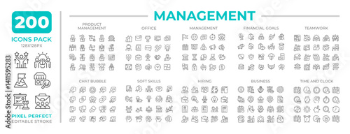 Management line icons set collection. Corporate workflow planning. Business activity coordination mega pack of linear pictograms, pixel perfect. Isolated vector illustrations. Editable stroke