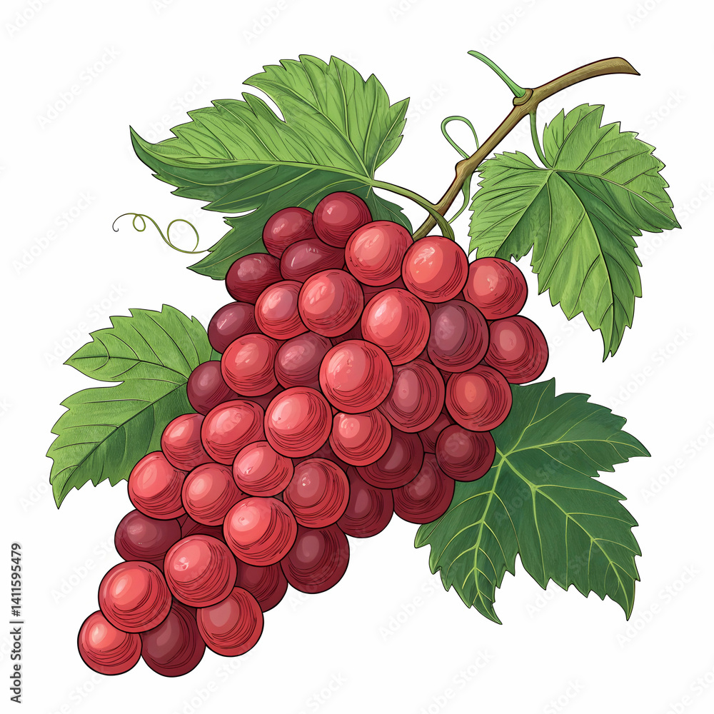 Fototapeta premium a drawing of red grapes with green leaves illustra