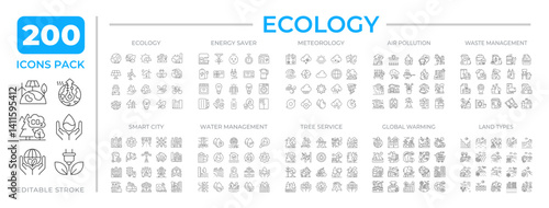 Ecology line icons set collection. Sustainable technology in routine life. Environmental friendly development mega pack of linear pictograms. Isolated vector illustrations. Editable stroke