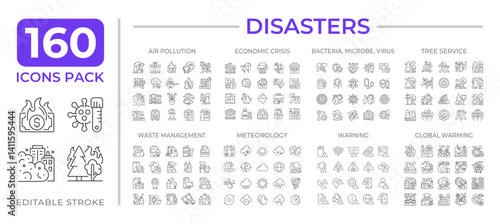 Disasters line icons set collection. Natural and technological catastrophes. Danger management mega pack of linear pictograms, pixel perfect. Isolated vector illustrations. Editable stroke