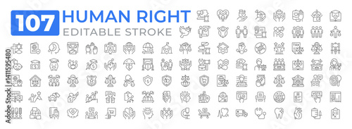 Human rights line icons set collection. Moral principles and norms regulated by laws. Legislation authority mega pack of linear pictograms. Isolated vector illustrations. Editable stroke
