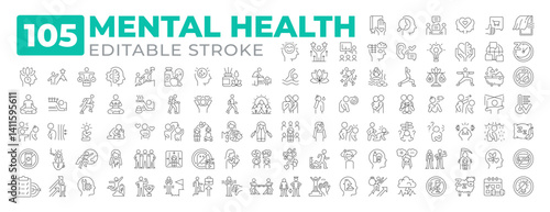 Mental health line icons set collection. Emotional, psychological and social wellbeing. Life balance maintaining mega pack of linear pictograms. Isolated vector illustrations. Editable stroke