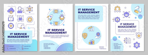 ITIL guiding principles blue gradient brochure layout. Cloud computing, databases. Leaflet advertising design with color line icons. Editable 4 pages. Arial-Bold, Myriad Pro-Regular fonts used