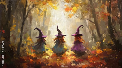 Three witches in colorful witch hats walk through an autumn forest