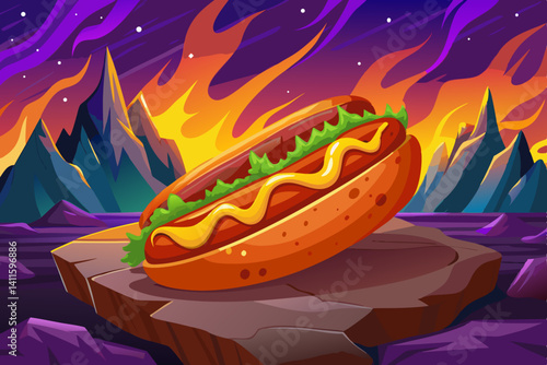 Delicious hotdog vector cartoon with sauces on rock stage studio area