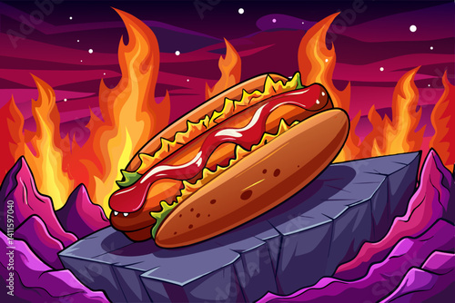 Delicious hotdog vector cartoon with sauces on rock stage studio area