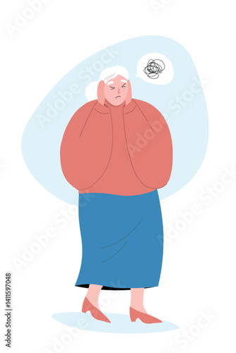 Elderly woman in full growth holds her head, thinks poorly. The old woman has dementia. Vector flat graphics.