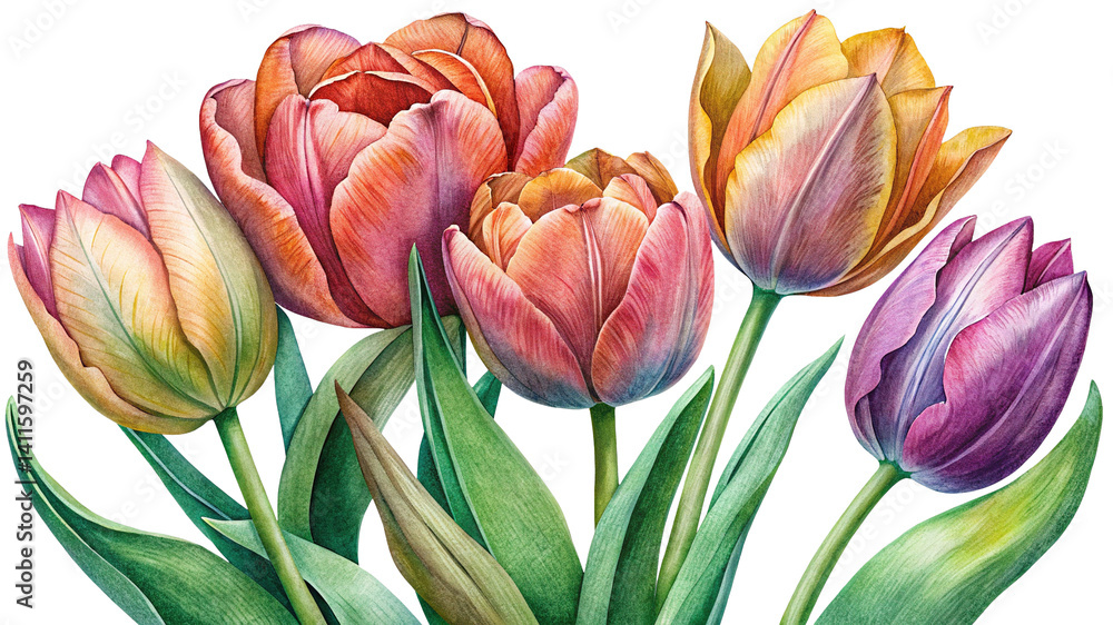 Fototapeta premium Watercolor Painting of Vibrant Tulips with Soft Petals and Green Foliage
