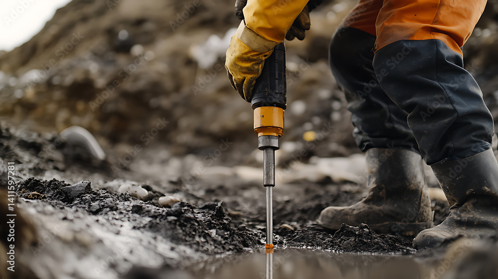 Fototapeta premium Geologist collecting core samples for lithium analysis at an exploration site. Featuring sample collection