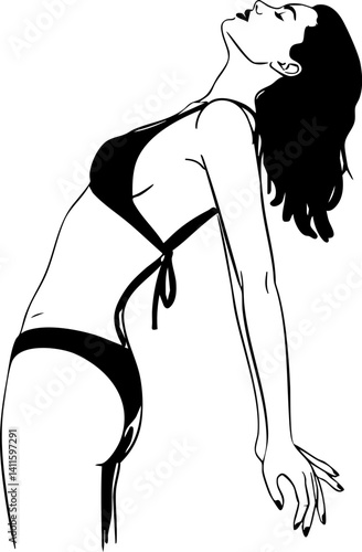 A woman in a bikini bends backwards in a minimalist black and white line drawing conveying relaxation and confidence Ideal for fashion or lifestyle.