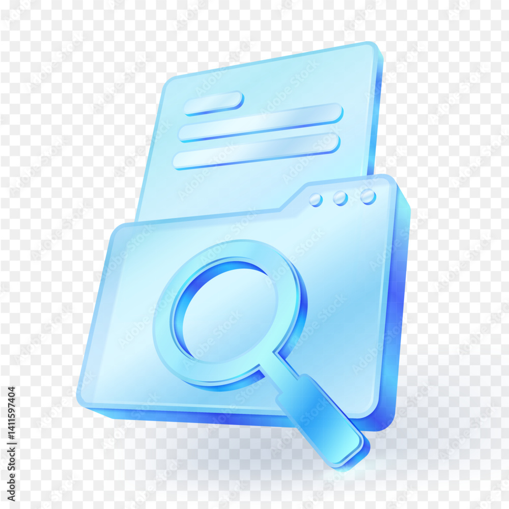 3D glass file and folder icon with document and magnifying glass, representing data search, file management, or information analysis on a transparent background. 3D glass file and folder icon with document and magnifying glass, representing data search, file management, or information analysis on a transparent background.