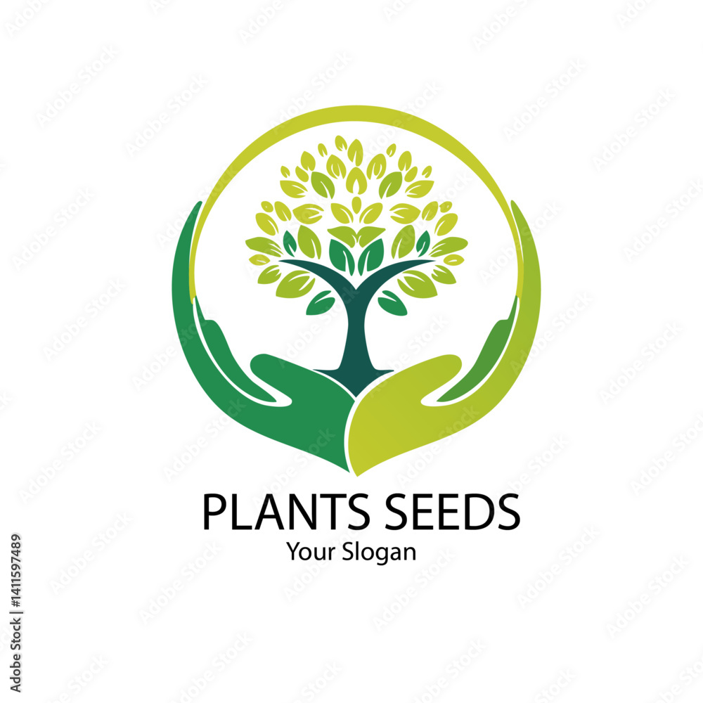 green tree of life with hands vector icon logo design text