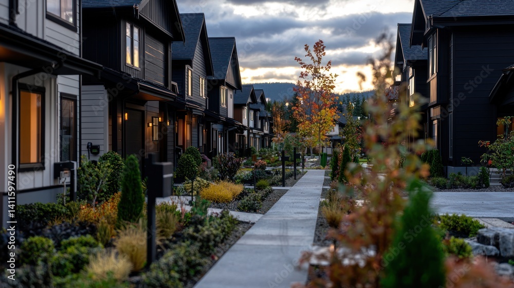 Fototapeta premium Modern townhomes pathway at dusk, autumn foliage, mountain view
