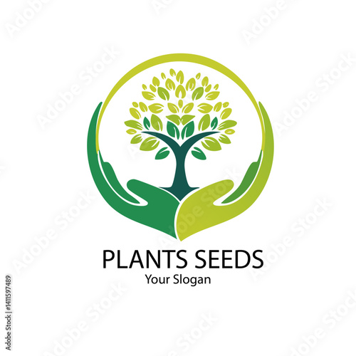 green tree of life with hands vector icon logo design text 