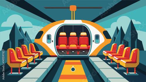 The air taxis seating arrangement is designed to optimize passenger safety with emergency exits located strategically throughout the cabin and spacious aisles for easy movement.. Vector illustration